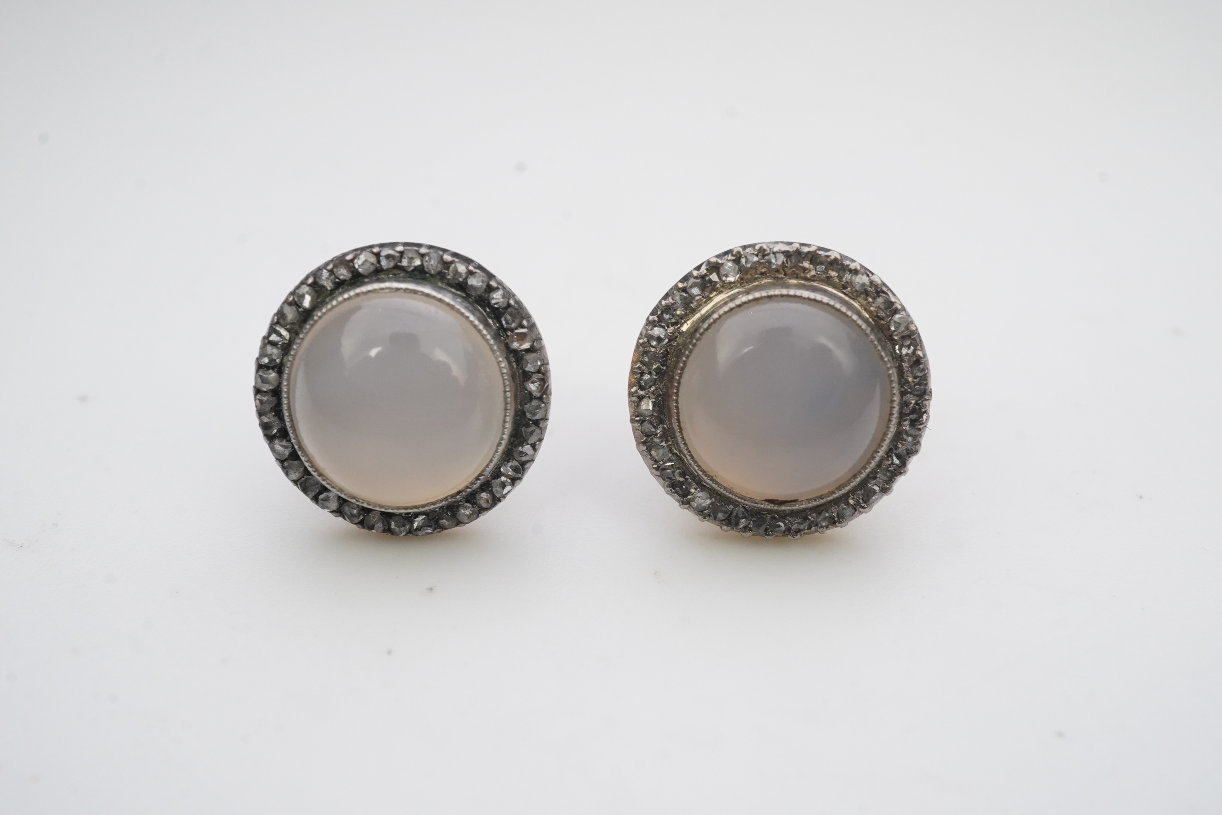 A pair of chalcedony and diamond earrings